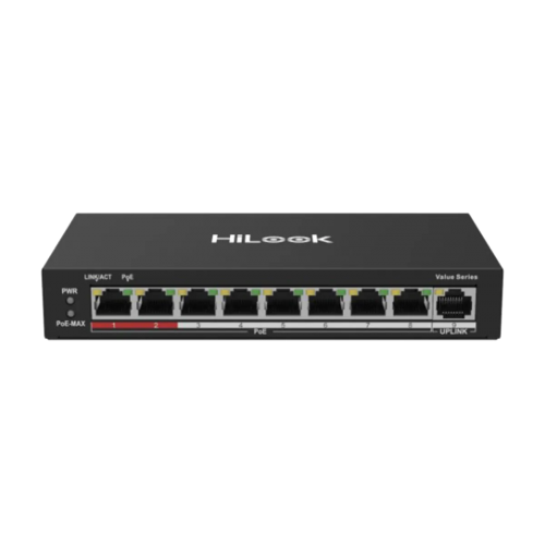 HILOOK NS-0109P-60(B), 8 Port, Megabit, PoE 60W, 1 Port Megabit Uplink, Long Range 250Metre, Yönetilemez, Masaüstü Switch