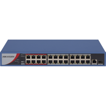 HIKVISION DS-3E0326P-E/M(B), 24 Port, MegaBit, PoE 250W, 1 Port GigaBit Uplink, 1 Port GigaBit SFP, Yönetilemez, Rack Mount Switch