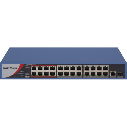HIKVISION DS-3E0326P-E/M(B), 24 Port, MegaBit, PoE 250W, 1 Port GigaBit Uplink, 1 Port GigaBit SFP, Yönetilemez, Rack Mount Switch