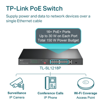 TP-LINK TL-SL1218P, 16 Port, Megabit, PoE 150W, 2 Port Gigabit Lan, 1 Port Gigabit Combo SFP, Yönetilemez, Rackmount, Switch