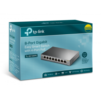 TP-LINK TL-SG108PE, 8 Port, GigaBit, 4 Port PoE 64W, Easy Smart, Yönetilebilir, Metal Kasa, Masaüstü Switch