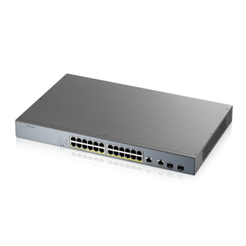 ZyXEL GS1350-26HP, 24 Port, GigaBit, PoE 375W, 2 Port GigaBit SFP, Yönetilebilir, Rackmount Switch