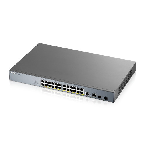ZyXEL GS1350-26HP, 24 Port, GigaBit, PoE 375W, 2 Port GigaBit SFP, Yönetilebilir, Rackmount Switch