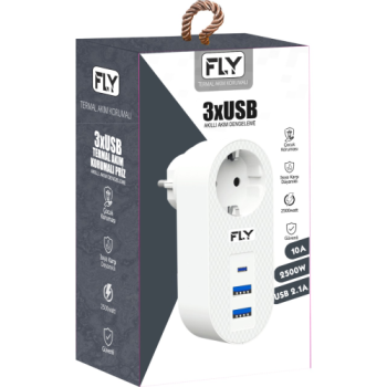 FLY 3400-01, 1 Soket, 2 USB, 1 Type-C, Akım Korumalı Priz, 2.1A, (Beyaz)