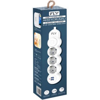 FLY 3393-01, 3 Soket, 2 USB, Akım Korumalı Priz, 2.1A, Anahtarlı, 2Mt Kablo, (Beyaz)
