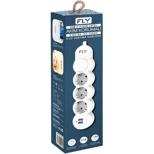 FLY 3393-01, 3 Soket, 2 USB, Akım Korumalı Priz, 2.1A, Anahtarlı, 2Mt Kablo, (Beyaz)