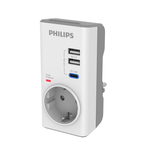 PHILIPS CHP8010W/10, Tekli, Akım Korumalı Priz, 380 Joules, PD 20W Hızlı Şarj, 1xUSB-C, 2xUSB-A, (Beyaz)