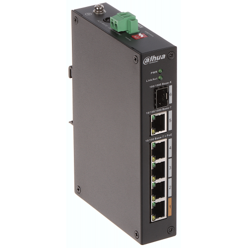 DAHUA PFS3106-4ET-60-V2, 4 Port, Megabit, PoE 60W, 1 Port Gigabit Uplink, 1 Port Gigabit SFP, Yönetilemez, Masaüstü Switch