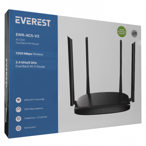 EVEREST EWR-AC5-V3, AC1200, 1200Mbps, Dual Band Wifi, 4Port, 1 WAN, Masaüstü, Megabit, WISP, Repeater, Router, Access Point