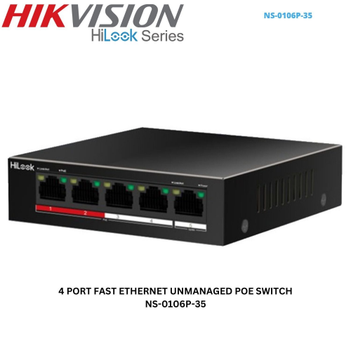 HILOOK NS-0106P-35(B), 4 Port, Megabit, PoE 60W, 2 Port Megabit Uplink, Long Range 250Metre, Yönetilemez, Masaüstü Switch