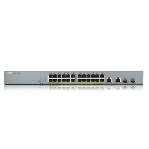ZyXEL GS1350-26HP, 24 Port, GigaBit, PoE 375W, 2 Port GigaBit SFP, Yönetilebilir, Rackmount Switch