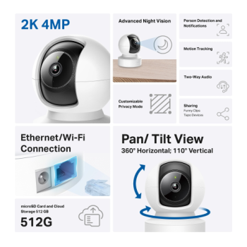 TP-LINK Tapo C222, 4,0Mpix, İç ve Dış Mekan, Wifi-Ethernet, 12Mt. Gece Görüşü, 360 Dönüş, Dikey ve Yatay Hareket, İki Yönlü Ses, Yapay Zeka Destekli Güvenlik Kamerası