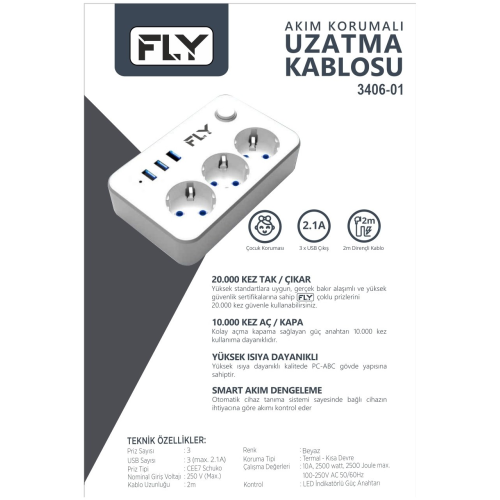 FLY 3406-01, 3 Soket, 3 USB, Akım Korumalı Priz, 2.1A, Anahtarlı, 2Mt Kablo, (Beyaz)