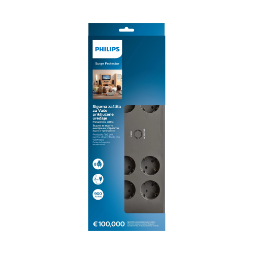 PHILIPS SPN3180A/62, 8 Soket, Akım Korumalı Priz, 2400 Joules, 2Mt Kablo, (Gri)