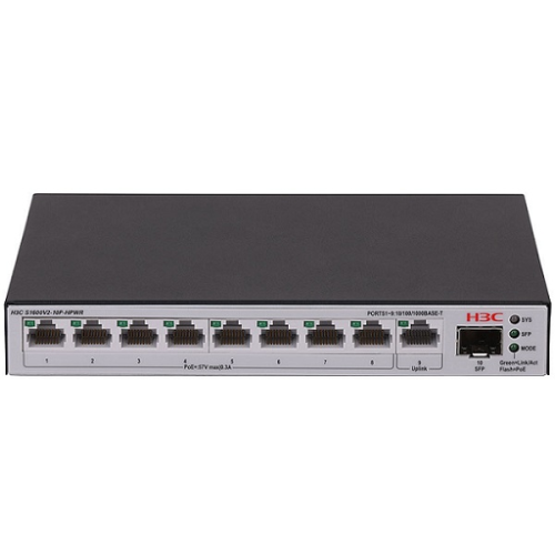 H3C S1600V2-10P-HPWR, 8 Port, GigaBit, PoE 125W, L2, 1 Port GigaBit Uplink, 1 Port GigaBit SFP, Web Yönetilebilir, Masaüstü Switch