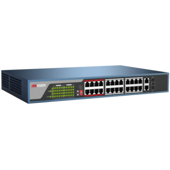 HIKVISION DS-3E0326P-E/M(B), 24 Port, MegaBit, PoE 250W, 1 Port GigaBit Uplink, 1 Port GigaBit SFP, Yönetilemez, Rack Mount Switch