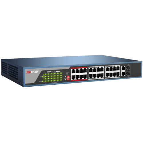 HIKVISION DS-3E0326P-E/M(B), 24 Port, MegaBit, PoE 250W, 1 Port GigaBit Uplink, 1 Port GigaBit SFP, Yönetilemez, Rack Mount Switch