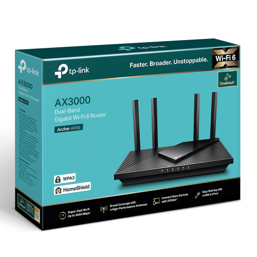 TP-LINK ARCHER AX55, AX3000, 4Port, 3000Mbps, Dual Band, Wifi 6, Masaüstü, Gigabit, Router, Access Point