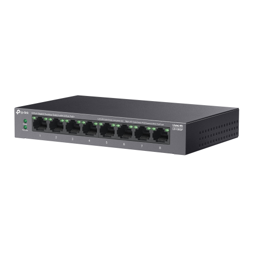 TP-LINK LS108GP, Green Tech, 8 Port GigaBit, PoE 62W, Yönetilemez, Metal Kasalı Switch