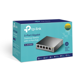 TP-LINK TL-SG1005P, 5 Port, GigaBit, 4 Port PoE 56W, Yönetilemez, Metal Kasa, Masaüstü Switch