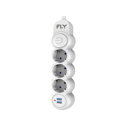 FLY 3393-01, 3 Soket, 2 USB, Akım Korumalı Priz, 2.1A, Anahtarlı, 2Mt Kablo, (Beyaz)