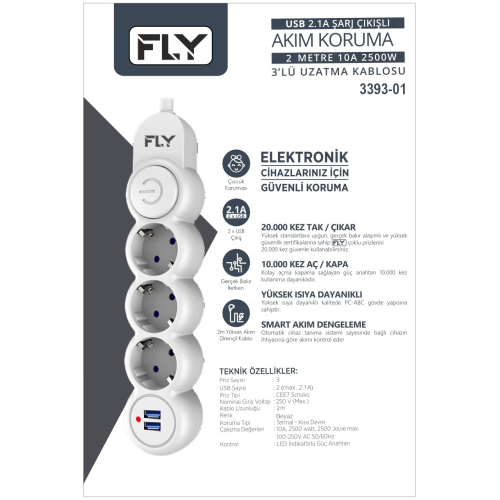 FLY 3393-01, 3 Soket, 2 USB, Akım Korumalı Priz, 2.1A, Anahtarlı, 2Mt Kablo, (Beyaz)