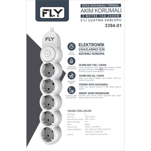 FLY 3394-01, 5 Soket, Akım Korumalı Priz, 2.1A, Anahtarlı, 2Mt Kablo, (Beyaz)