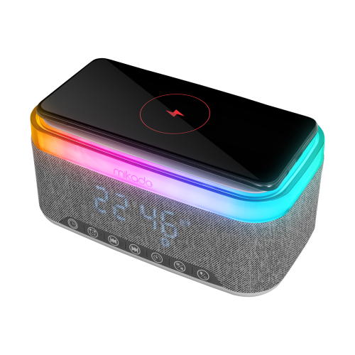MIKADO MD-W8, 10W, Taşınabilir, USB/TYPE-C/BT/TF, RGB Işıklı, 1200mAh, 15W Kablosuz Şarj, Gece Lambası, Alarmlı Saat, Bluetooth Speaker