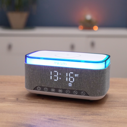 MIKADO MD-W8, 10W, Taşınabilir, USB/TYPE-C/BT/TF, RGB Işıklı, 1200mAh, 15W Kablosuz Şarj, Gece Lambası, Alarmlı Saat, Bluetooth Speaker